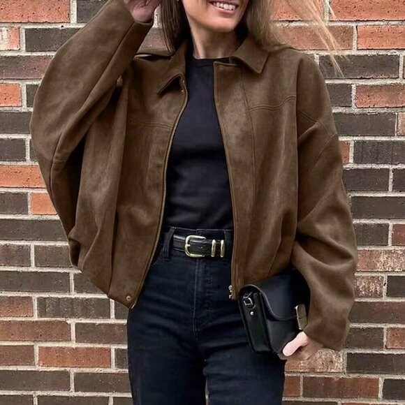 brown Casual Women's  Loose Long Sleeves Zip Jacket Bomber Coat Outerwear - Picture 2 of 6